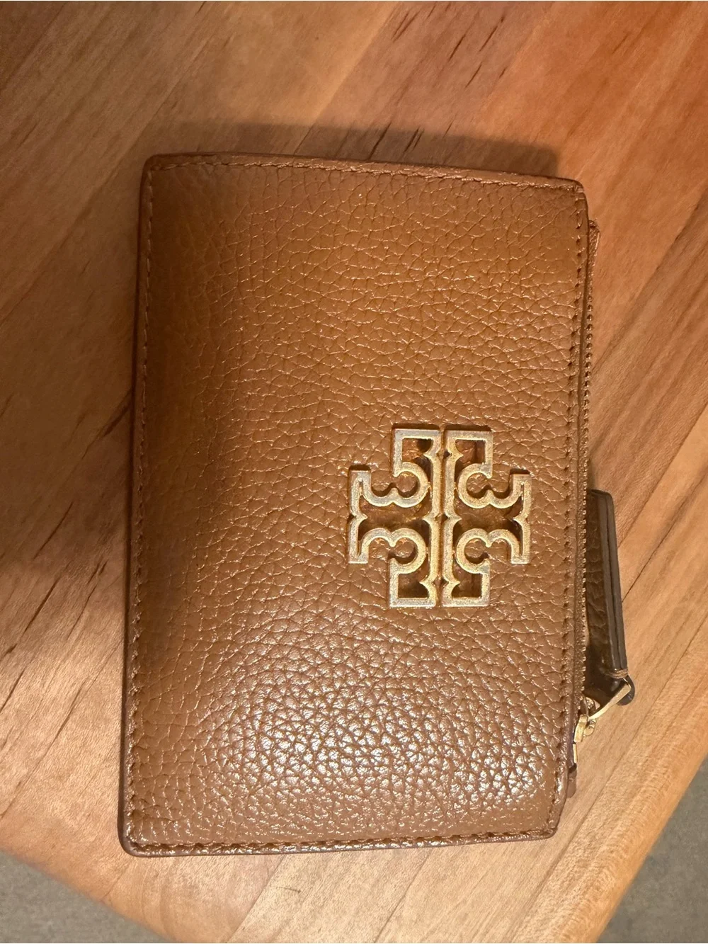 Tory Burch Brown Pebbled Leather Zip Wallet with Gold Logo